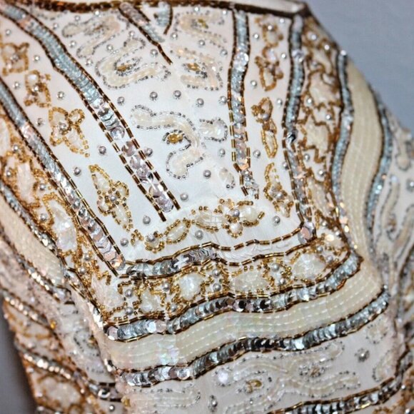 80s Evening Jacket Beads Sequins 100% Silk Ivory Gold Women's - Picture 11 of 16